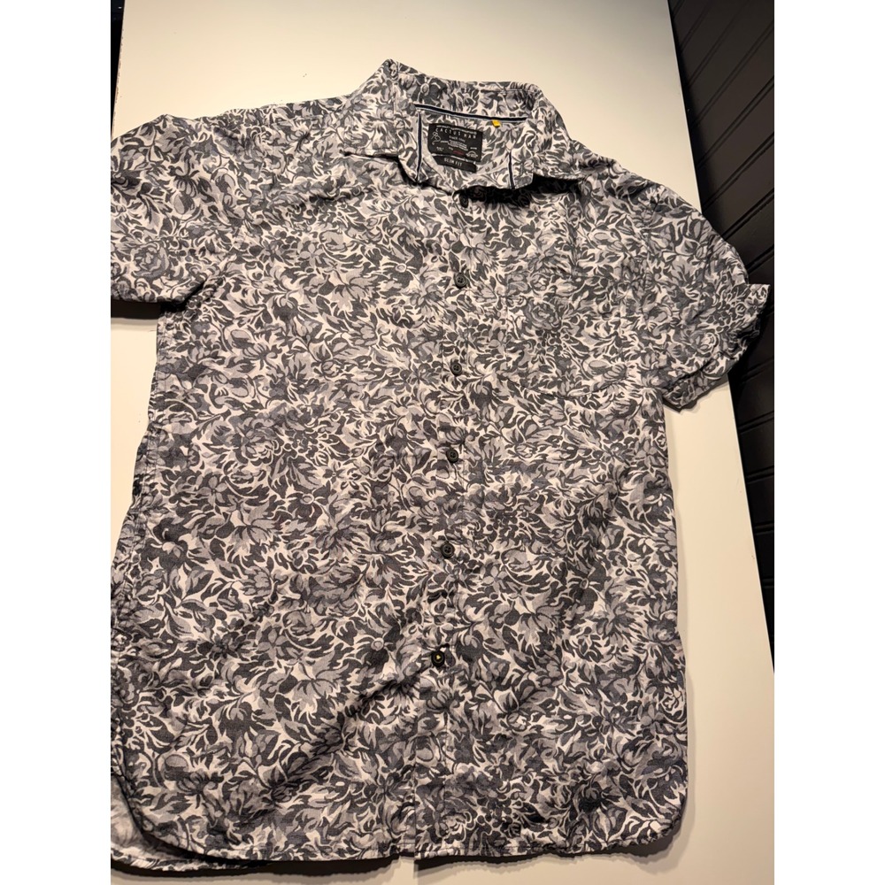 Cactus Man Slim Fit Floral Button Down Shirt Mens Medium Grey White Cotton